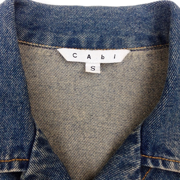 dup CAbi Jean Denim Jacket Gold Tapestry Brocade Sleeves Pockets S - Picture 7 of 8